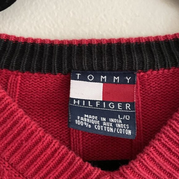 Tommy Hilfiger Men Sz L Red Long Sleeve V-Neck Pullover Heavyweight Sweater - Picture 7 of 9